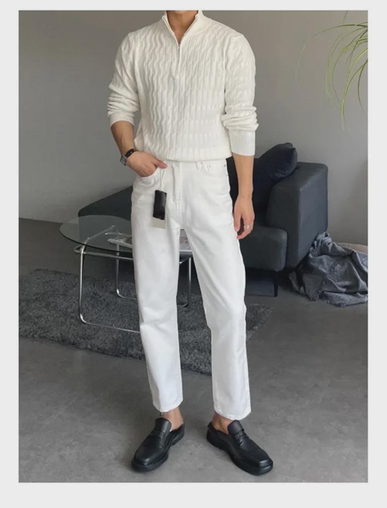 Мужской модный белый свитер-пуловер с полуводолазкой на молнии