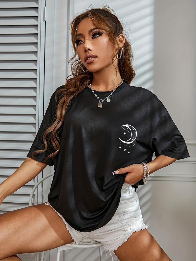 Women's Casual Short Sleeve T-Shirt Black Starry Sky Moon Print Round Neck Top Spring Summer Summer Fashion