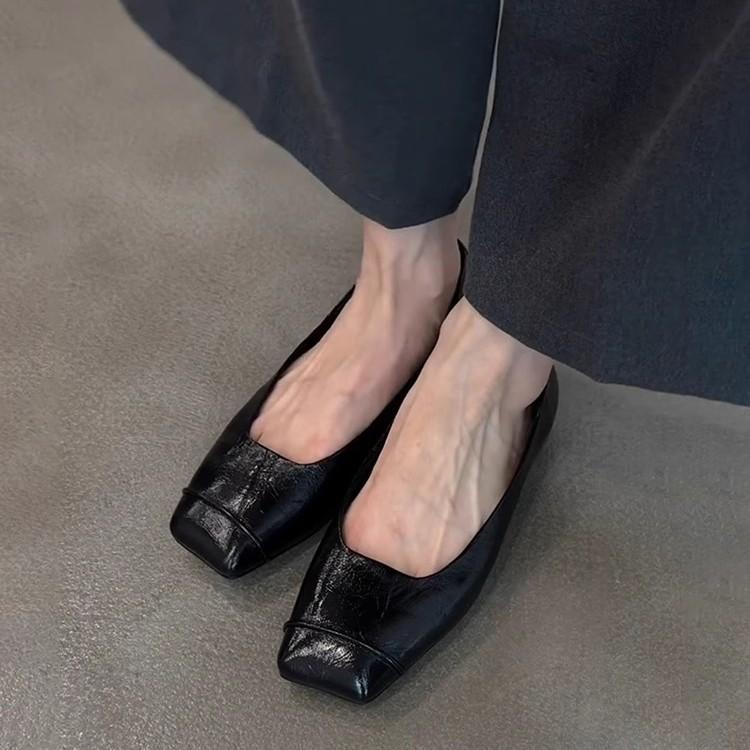 Версия из овчины~ черные ретро тонкая кожа удобные для通勤 плоские туфли женские минималистичные с квадратным носком слипоны маленькие одинарные туфли