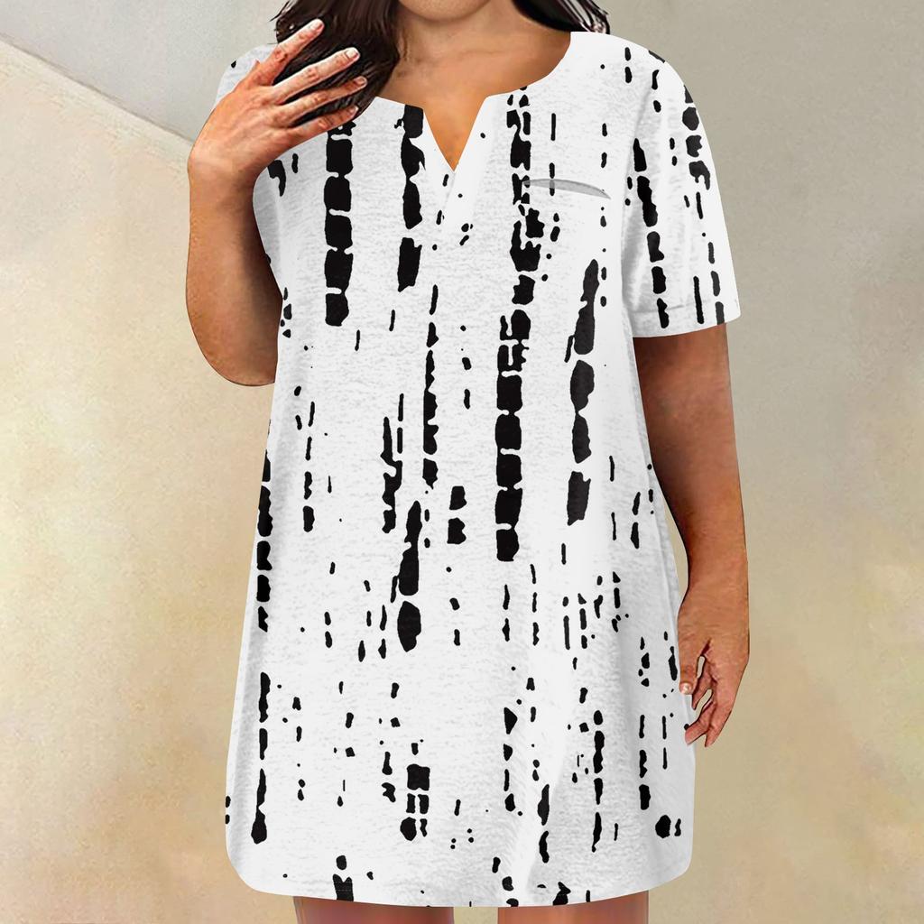 Womens Plus Size Dresses V Neck Short Sleeve Summer Casual Solid Dress Tunic With Pocket