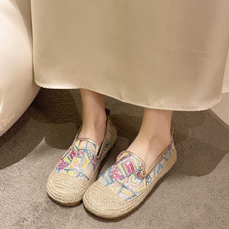 Блестящие бохо-рыбацкие туфли женские 2024 мокасины с пайетками женские балетки конопляные мягкие подошвы разноцветные кроссовки лоферы
