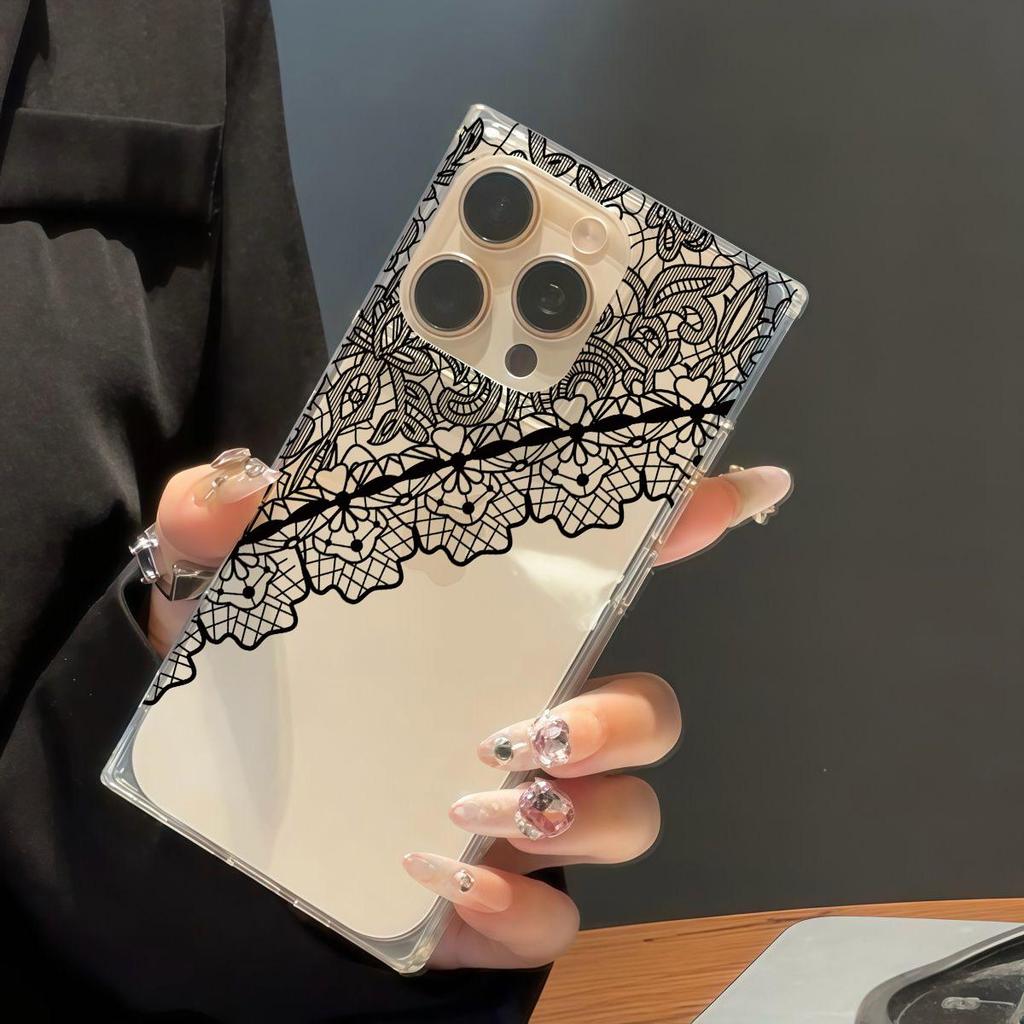 Прозрачный квадратный чехол-накладка для iPhone 15 Plus 16 ProMax 11 12 14 Pro Max 13, защита от окисления, чехол с черным кружевом и узором из небрежной сетки