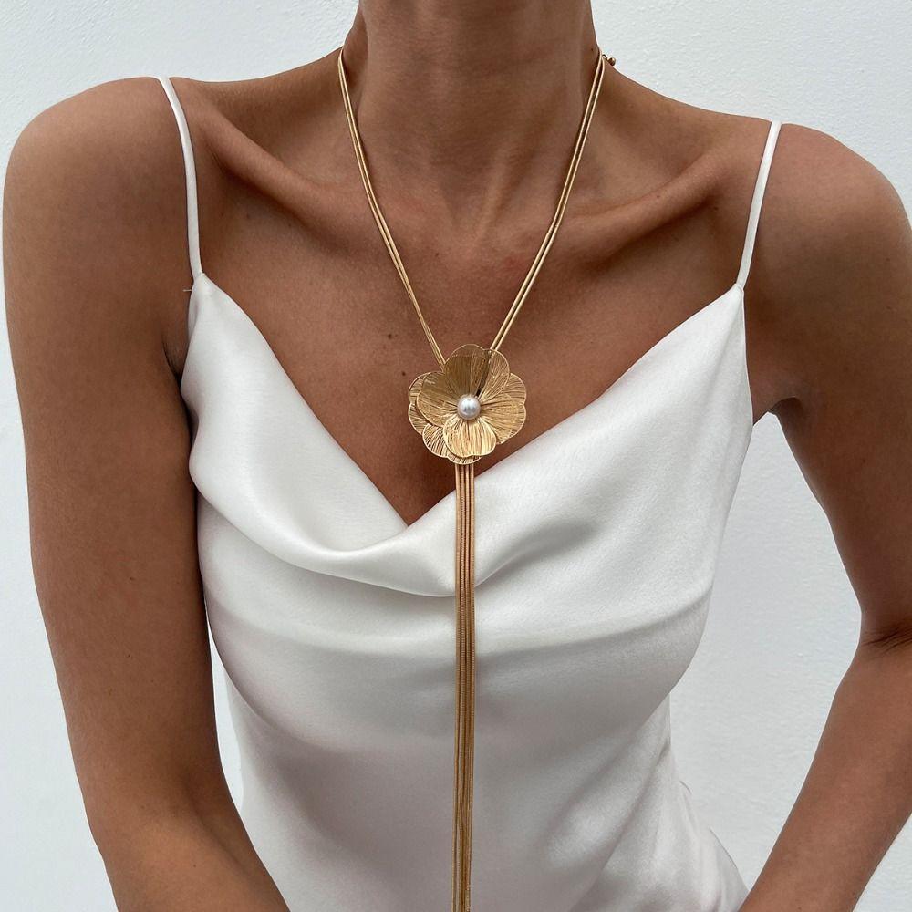 Long Tassel Imitation Pearl Necklace Flower Clavicle Chain Sweet Cross Pendant Necklace Couple