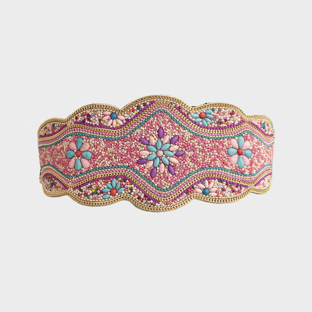 Boho Chic Beaded Wide Waist Belt With Geometric Design For Festival And Casual Wear