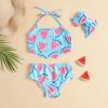 Adorable Watermelon Print Tiger Tassel Spaghetti Strap Swimsuit Set for Girls with Bow Tie