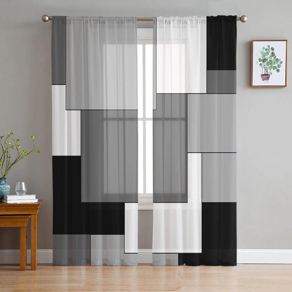 Black Grey Patchwork Abstract Art Sheer Curtains for Living Room Decoration Window Curtains Kitchen Tulle Voile Organza Curtains