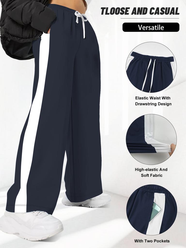 Side-seam White Stripe Oversized Straight-leg Casual Pants Loose Athletic-style Elastic Waistband with Drawstring Casual Pants