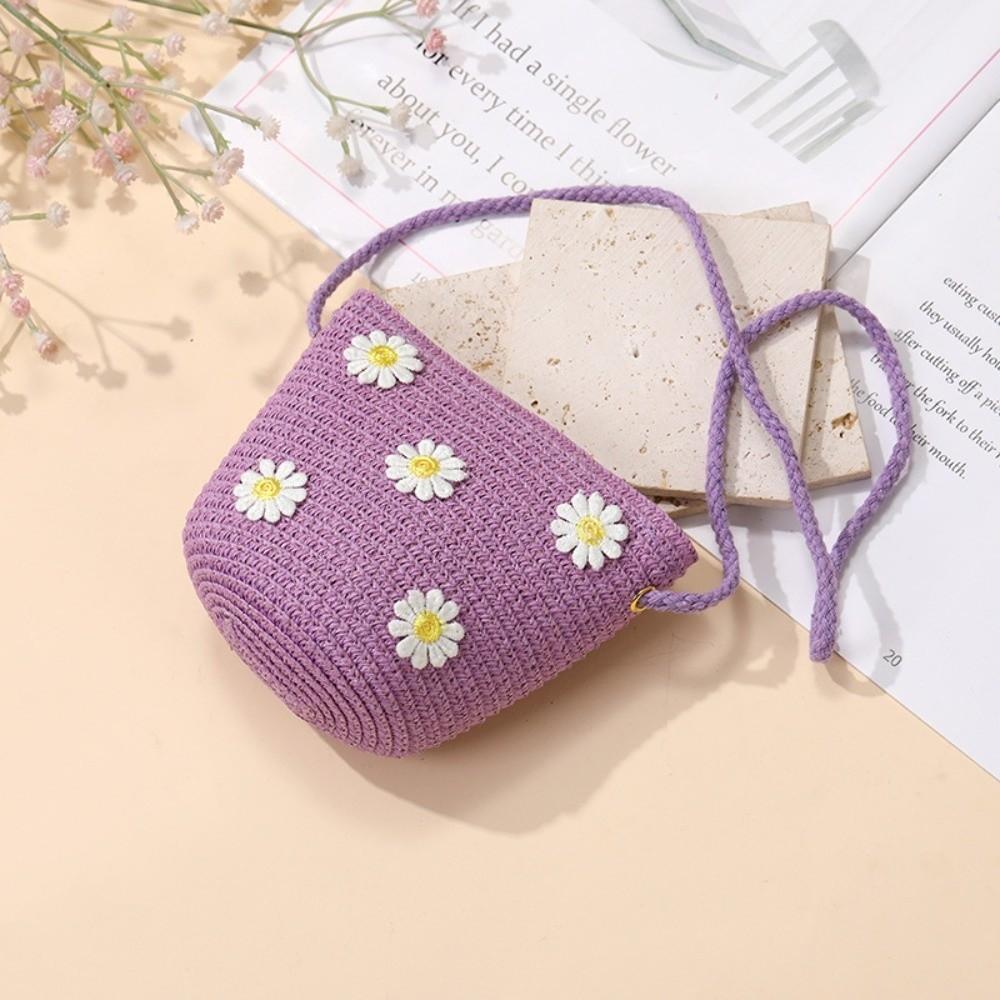 Fashion Small Daisy Kids Straw Bag Shell Shape Woven Shoulder Bag Handmade Handbag for Children Girls