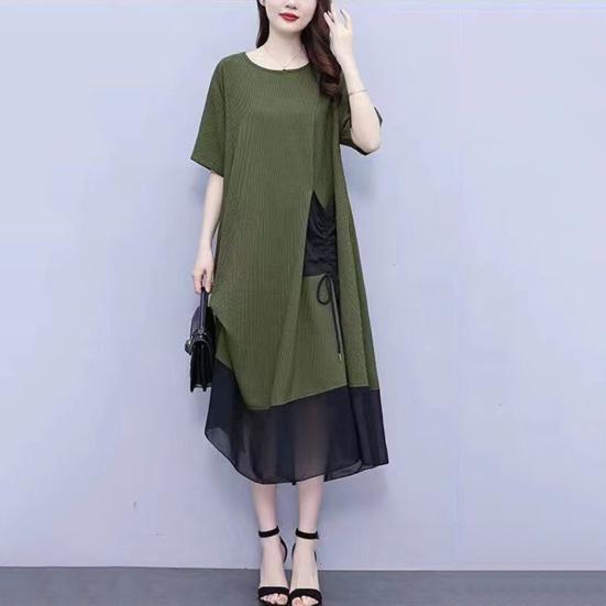 Women's Summer Short Sleeve Midi Dress with Pocket Casual Crew Neck Mesh T-shirt