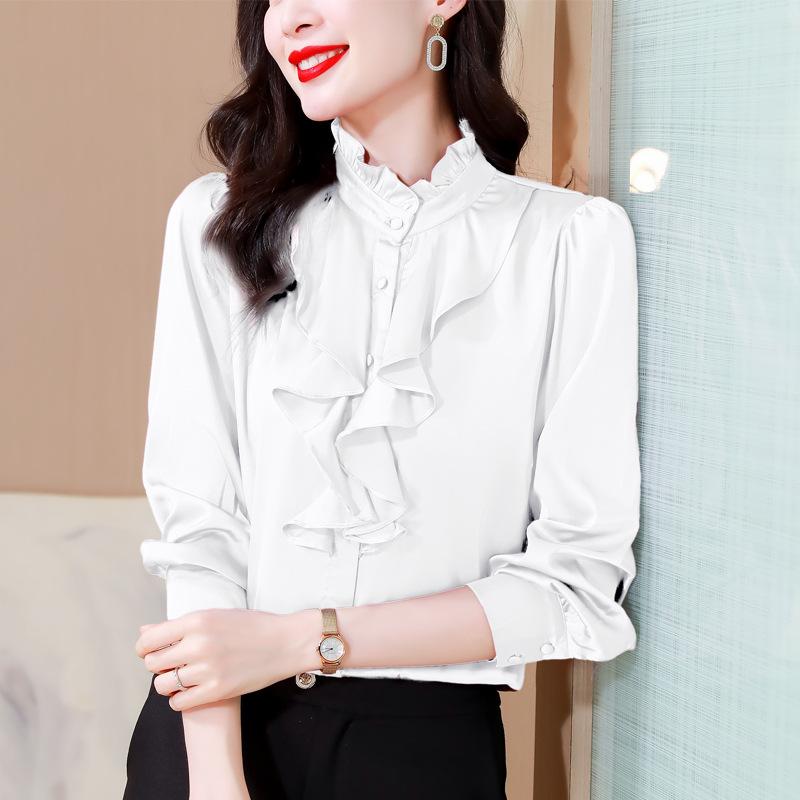 Элегантные рубашки с оборками и воротником-стойкой, женские весенние трендовые однотонные атласные блузы с длинными рукавами, женские топы