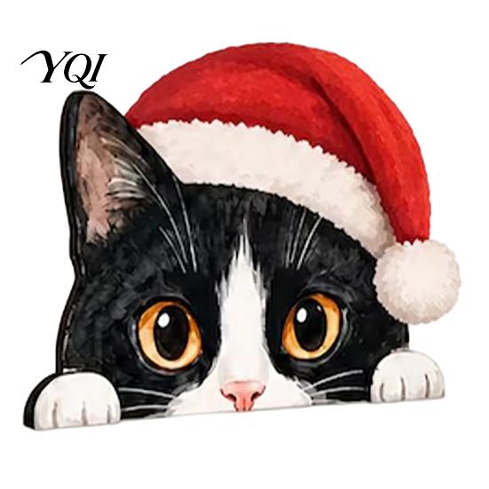 Festive Home Decor Cute Cat Shelf Sitter, Wooden Christmas Hat Peeking Desk Figurine, Funny Animal Scene Accessories Sign, Lover Gift for Holiday