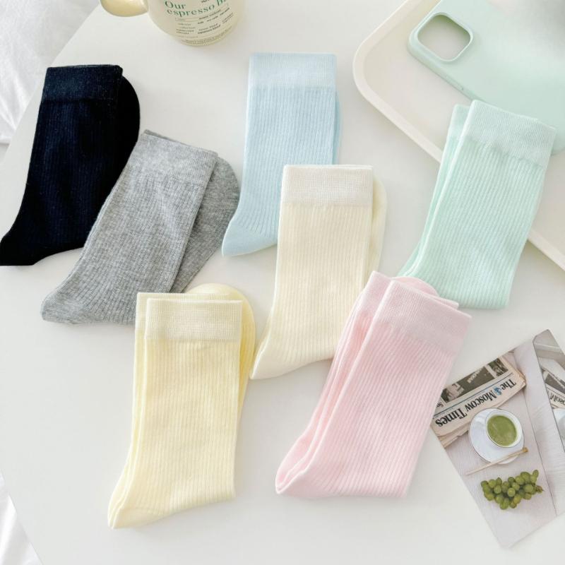 Балетные однотонные носки, женские из гребенного хлопка, весенне-летние бесшовные тонкие носки с низким ворсом, милые дофаминовые носки до середины икры