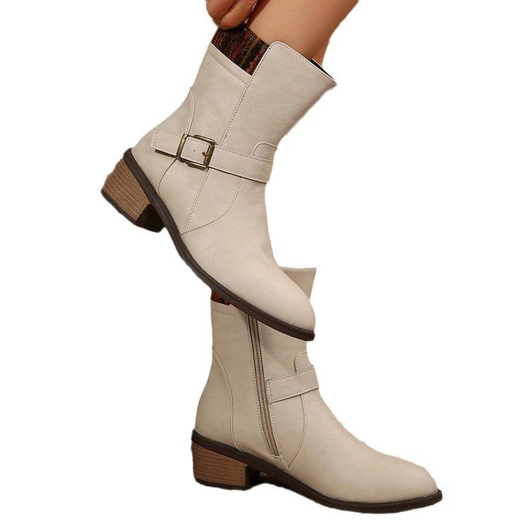 Женские ботинки до середины голени в стиле вестерн, женские сапоги для верховой езды из искусственной кожи с широкими голенями, с боковой молнией, на толстом блочном каблуке, с острым носком, на осень-зиму
