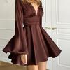 French Satin Flared Sleeve Solid Color Long Sleeve Dress Women Sexy V-neck Waist-cinching Short Dress