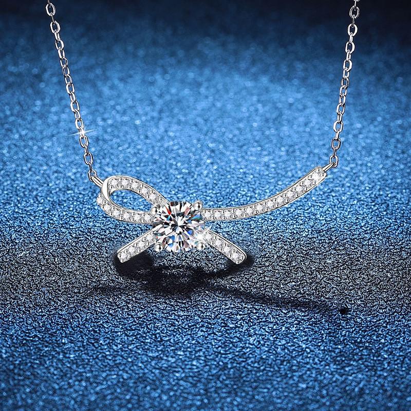 Moissanite Bow Necklace Clavicle Chain D Color 1ct Womens Fashion Jewelry