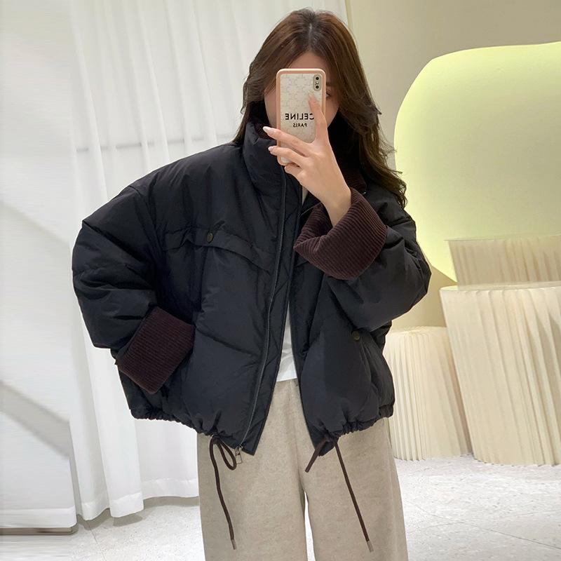 Вельветовый контрастный цвет с воротником-стойкой, женский пуховик 2024 года, модная теплая белая куртка-пуховик с утиным пухом