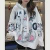 Women's European Cartoon Rabbit Knit Hoodie - Diamond Print, Faux Mink Velvet, Loose Fit, Plus Size