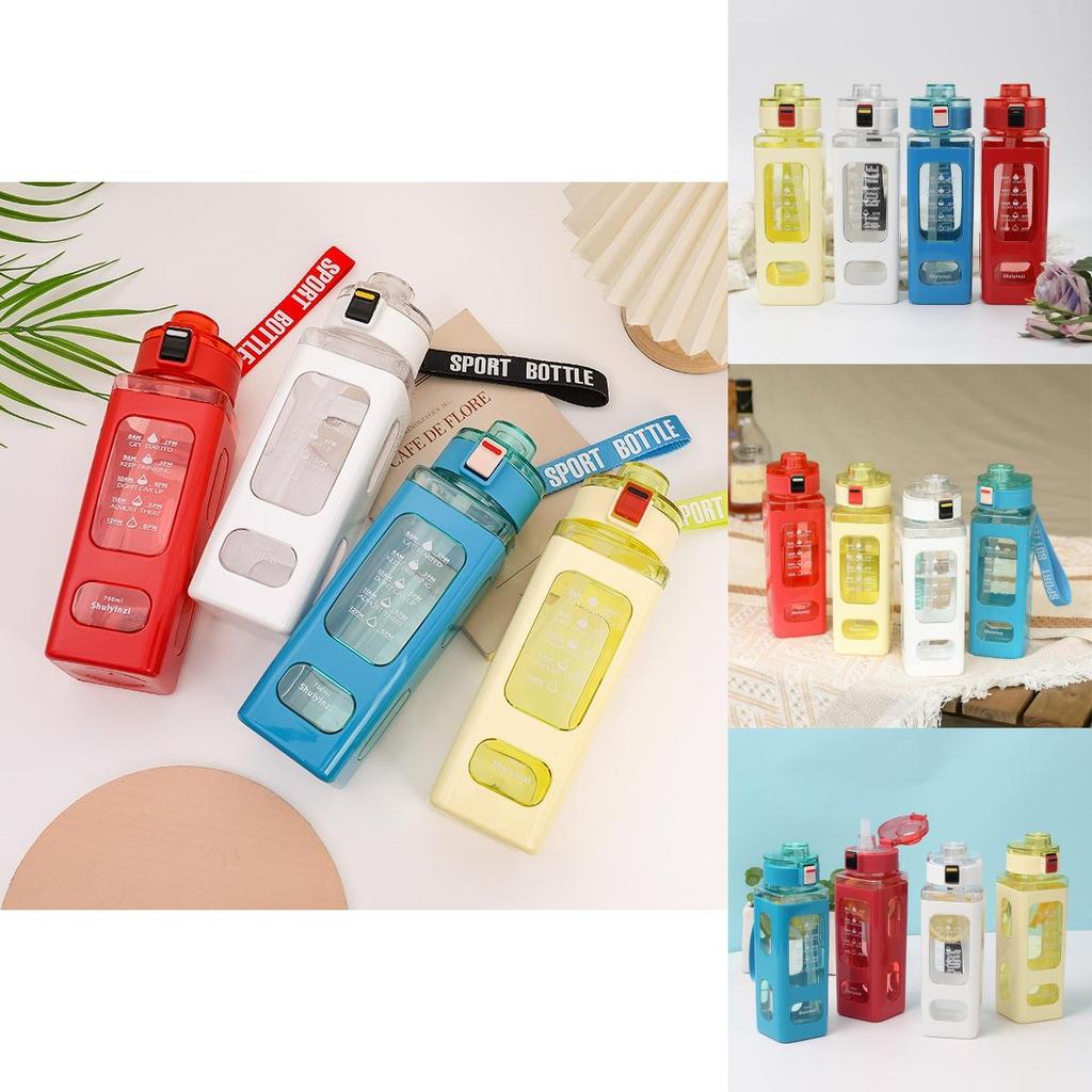 Square Plastic Water Bottle With Handle, Modern Simple Style, Portable Sports Bottle With Straw, 700ml