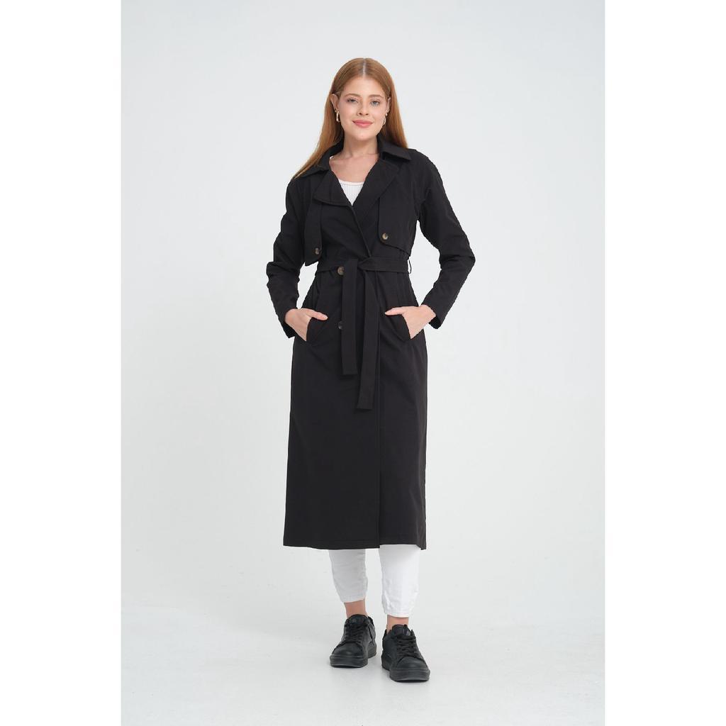 Двубортный тренч средней длины с рукавами реглан (120 см) Темно-бежевый 7558