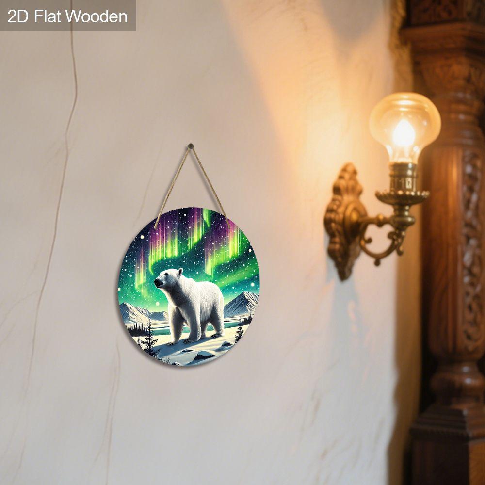 2D Flat Wooden Hanging Decorative Signs, Home Wall or Door Decoration, Garden Decoration, the Pattern Is a Polar Bear and Aurora, Gifts for Friends