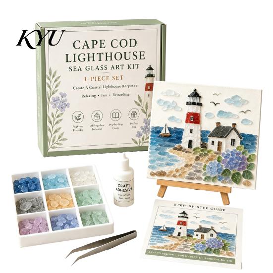 Thoughtful Handmade Presents DIY Sea Glass Mosaic Art Kit, Ocean/Landscape Inspired Artwork Kit with Colorful Pieces, Craft Set for Adults Acrylic