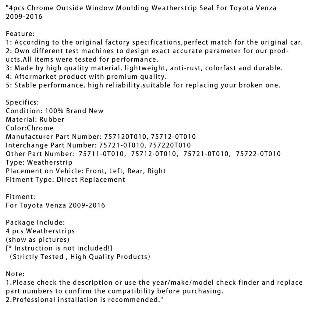 4 шт. Хромированные наружные молдинги окон, уплотнители для Toyota Venza 2009-2016