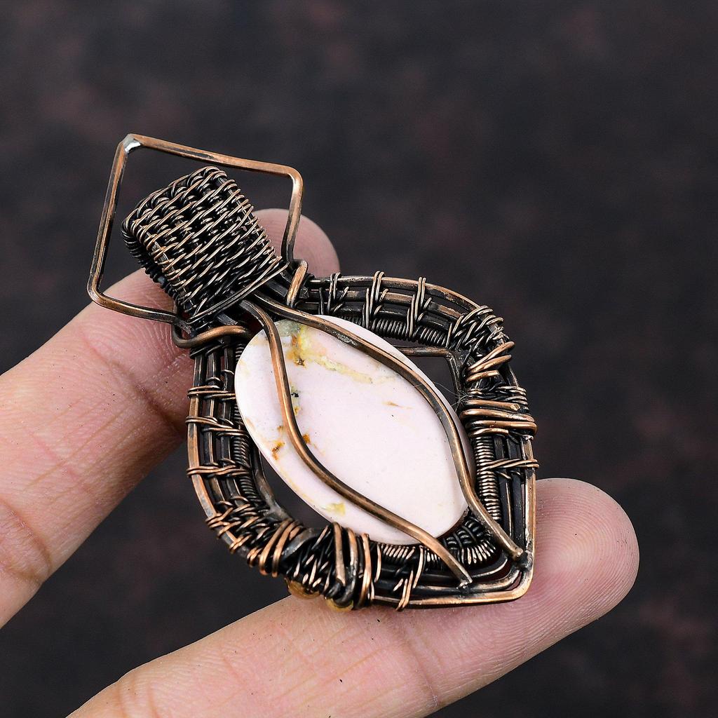 Розовый опаловый кулон, обернутый медной проволокой, ювелирное изделие ручной работы, подлинный драгоценный камень, обернутый медной проволокой, стильный кулон для подарка