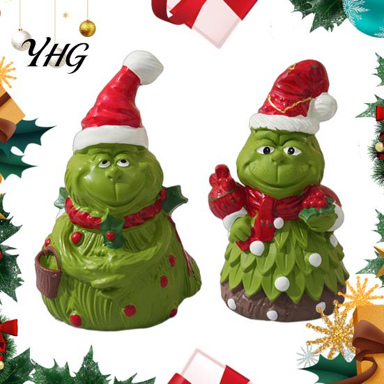 Outdoor Garden Statues Christmas Green Monsters Ornament with Santa Hat And Scarf, Resin Frog Theme Landscape Figurine for Home Decoration,