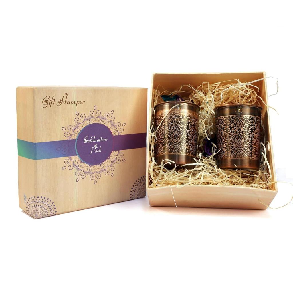 Pure Copper Glasses Gift Box Set of 2 | Hand Made Antique Finish Embosed Tumbler | Glass for Drinking with AYURVEDA Health Benefits