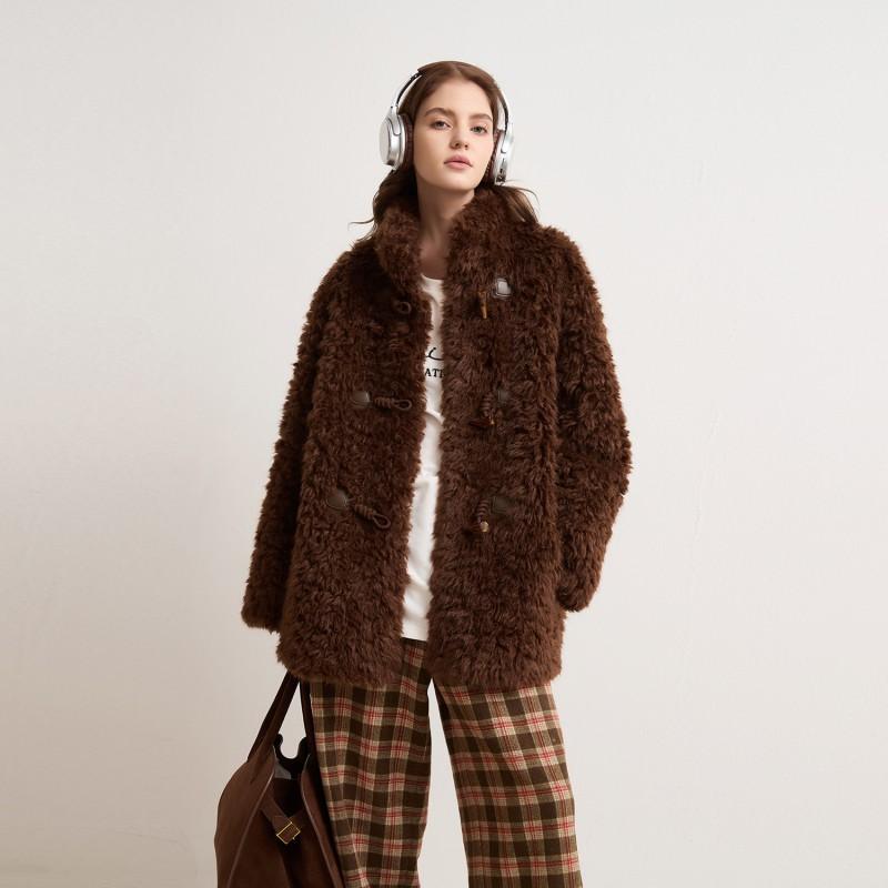 Womens Faux Fur Coat Lamb Wool Blend Horn Button Thick Warm Winter Jacket Petite Women