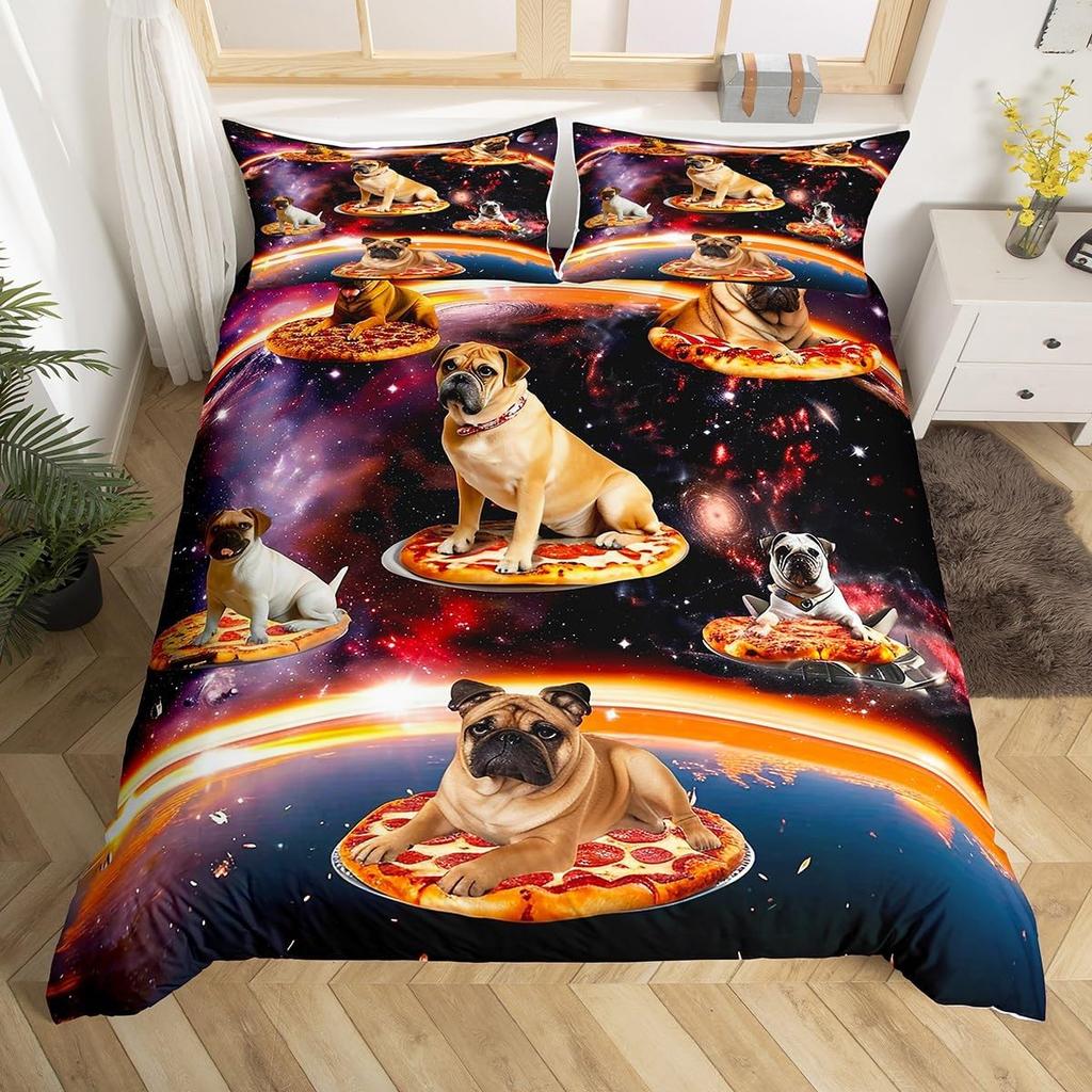 Puppy Dog Duvet Cover Full Queen Size Kawaii Pug Comforter Cover Love Heart Print Bedspread Cover Cute Pet Black Bedding Set