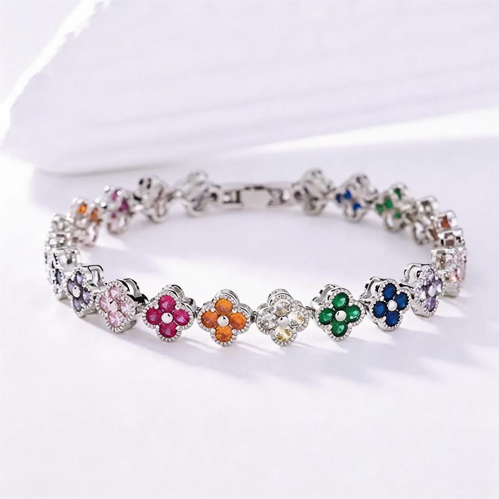 2026 Silver Full Diamond Colored Four-leaf Clover Bracelet, Micro-set Bracelet Light Luxury Jewelry Personalized Trend Couple Accessories