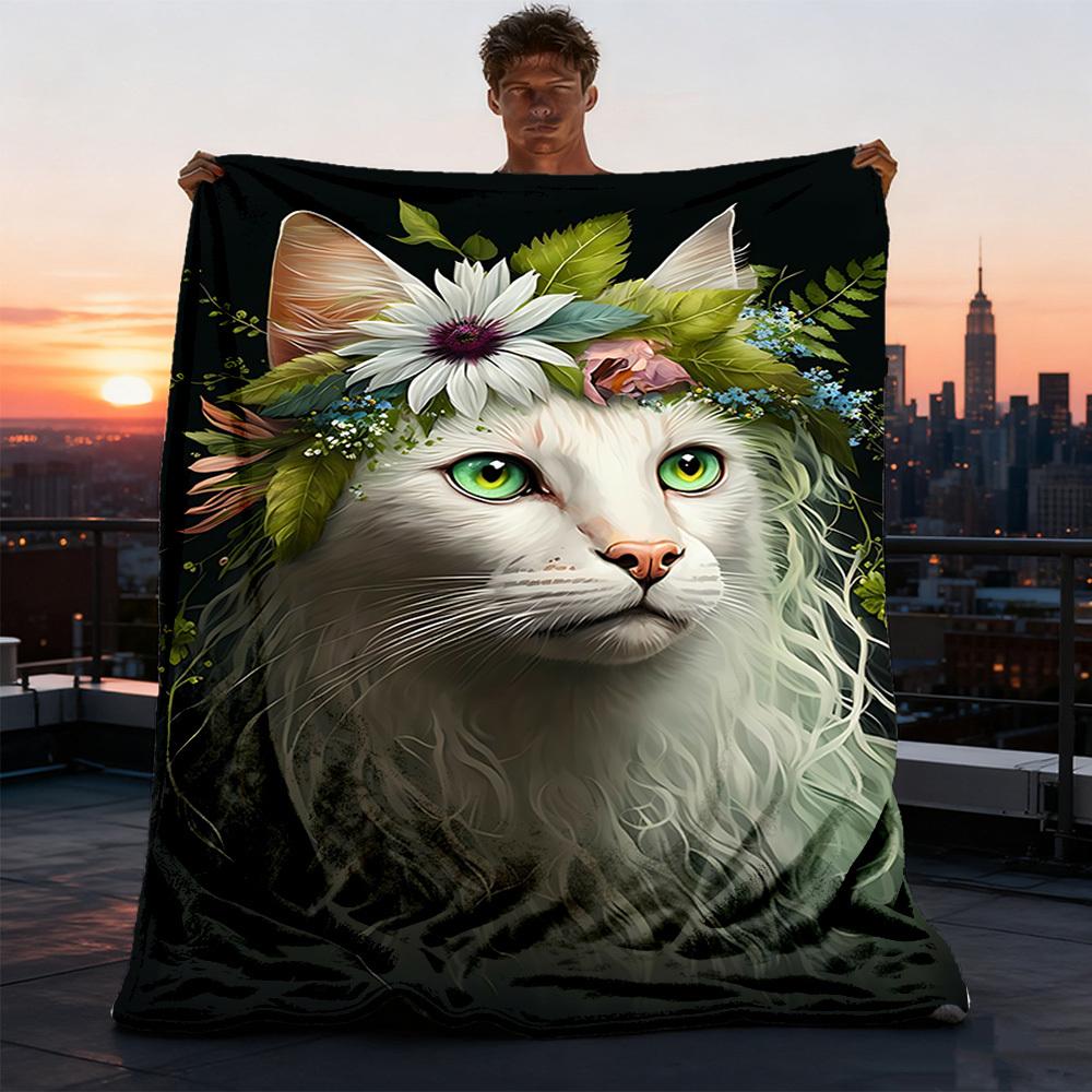 1pc Feline, Floral Outdoor Blanket - Soft Flannel Cozy for Travel & Camping - All-Season Warm Bed Cover, Machine Washable yy251229107