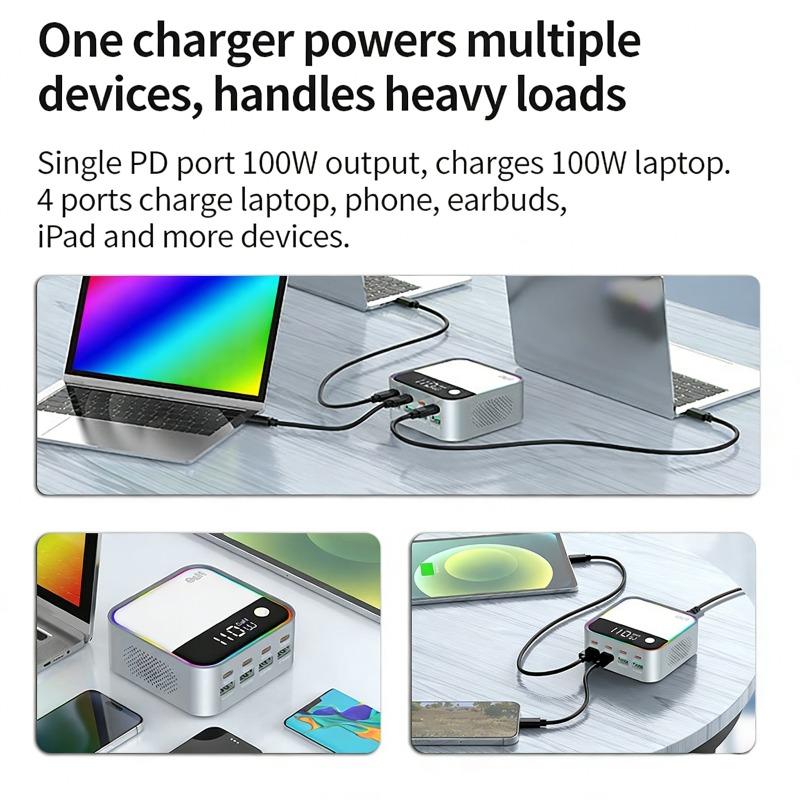 Настольное зарядное устройство 120 Вт USB Универсальное Многопортовое PD Быстрое зарядное устройство с многоцветной подсветкой для мобильных телефонов и ноутбуков