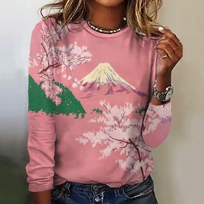 Harajuku Fashion Женские футболки с принтом горы Фудзи Футболки с длинными рукавами Повседневная уличная женская одежда Свитшоты с круглым вырезом Свободные топы