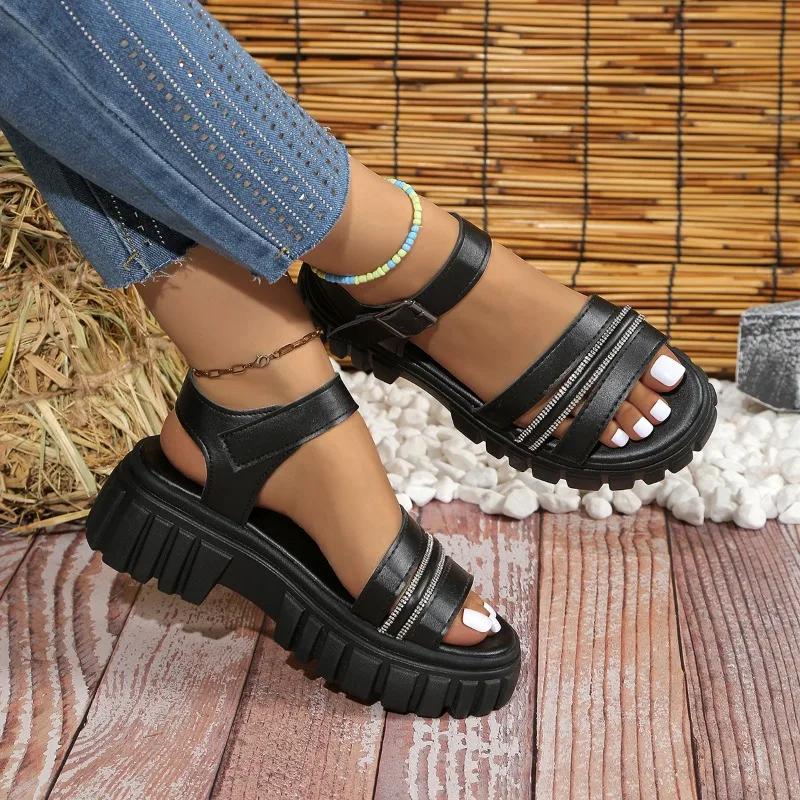 Модная обувь для женщин 2024 года, высококачественные женские сандалии с ремешком на щиколотке, летние с открытым носком и пряжкой, однотонные повседневные сандалии на платформе больших размеров