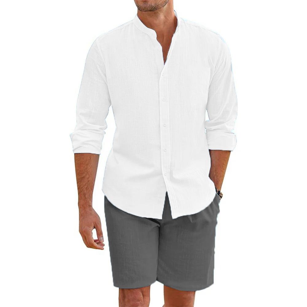 2 Pcs Sets Men's Summer Cotton Linen Shirt and Shorts Cardigan Simple Casual Beach Shirts Comfortable Hawaiian Wear