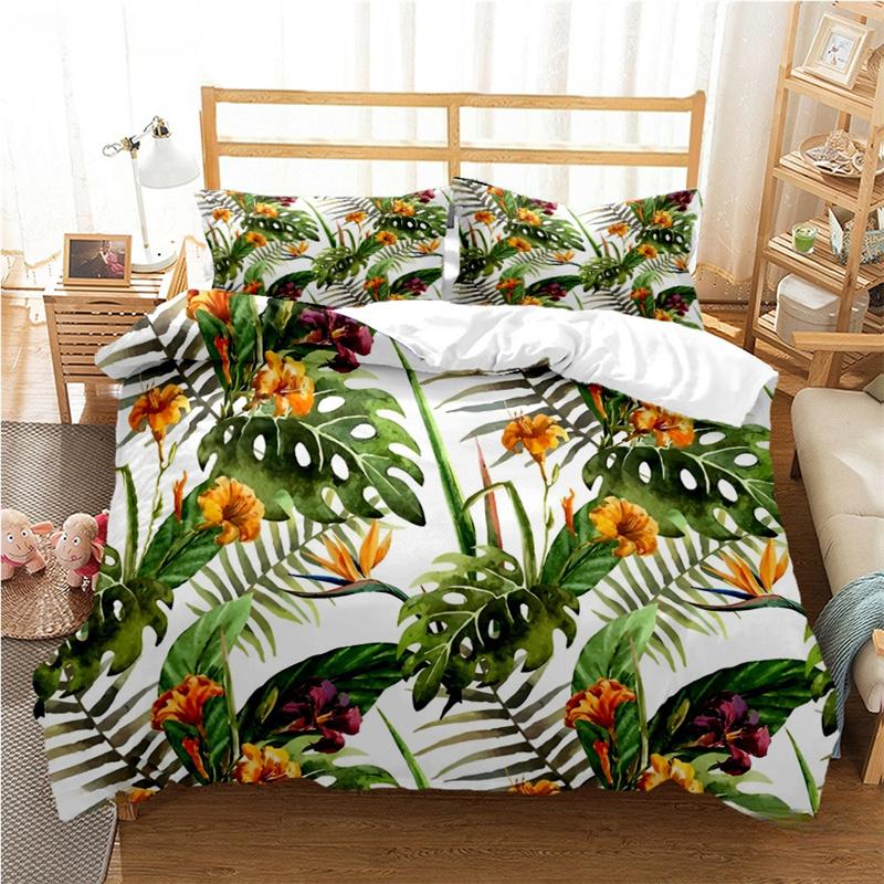 Tropical Leaf Duvet Cover Set All Season Soft Bedding with Pillowcases Single Double Queen King Size