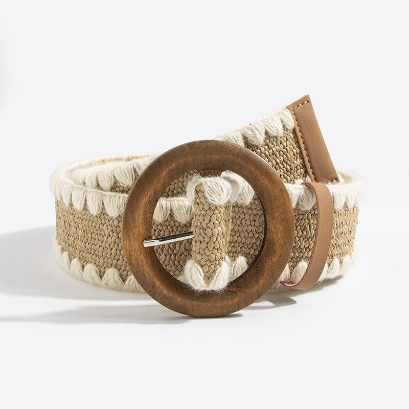 Богемный пояс, Женский плетеный из соломы шерстяной декорированный круглый деревянный пряжкой эластичный пояс, Пояс в стиле натурального отдыха