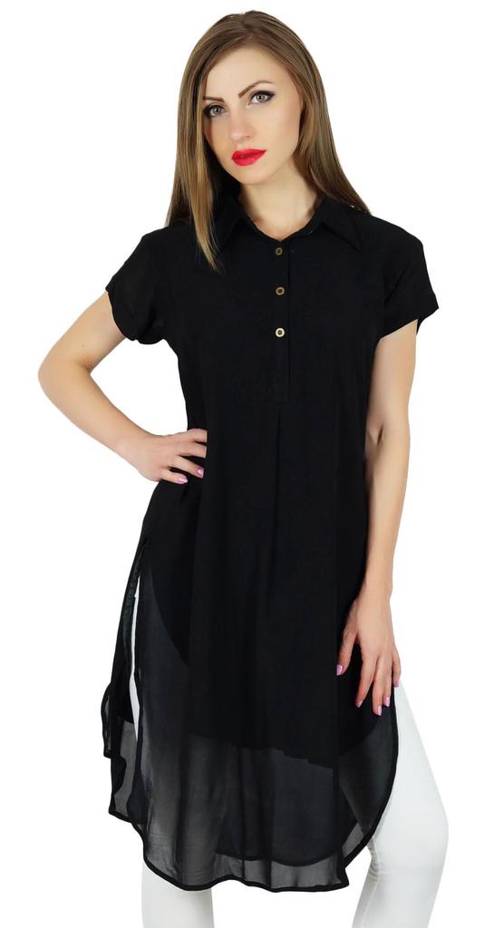 Bimba Women Black Georgette Tunic Short Kurta Kurti Casual Blouse Summer