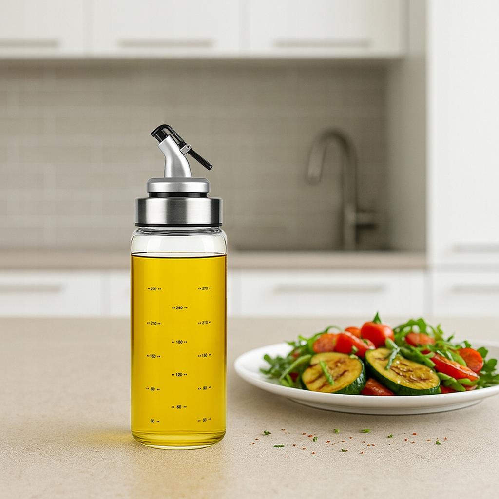 Glass dispenser with a scale of 300 ml for olive oil, sauces, spices, etc.