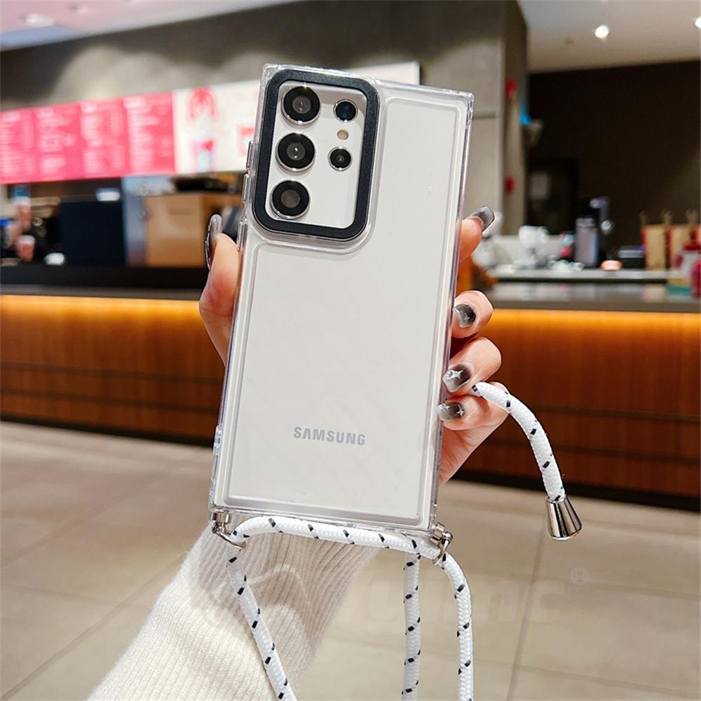 Противоударный ремешок для телефона Samsung Galaxy S24 Ultra S23 Plus S22 S21 S20 FE A24 A54 A14 ремешок через плечо прозрачный чехол