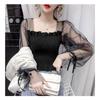 Mesh Puff Sleeve Elastic Waist Women Blouse Square Neck Cropped Top Black White Sweet Fairy Style Lace Up Bow Spring Summer
