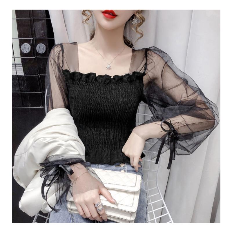 Mesh Puff Sleeve Elastic Waist Women Blouse Square Neck Cropped Top Black White Sweet Fairy Style Lace Up Bow Spring Summer