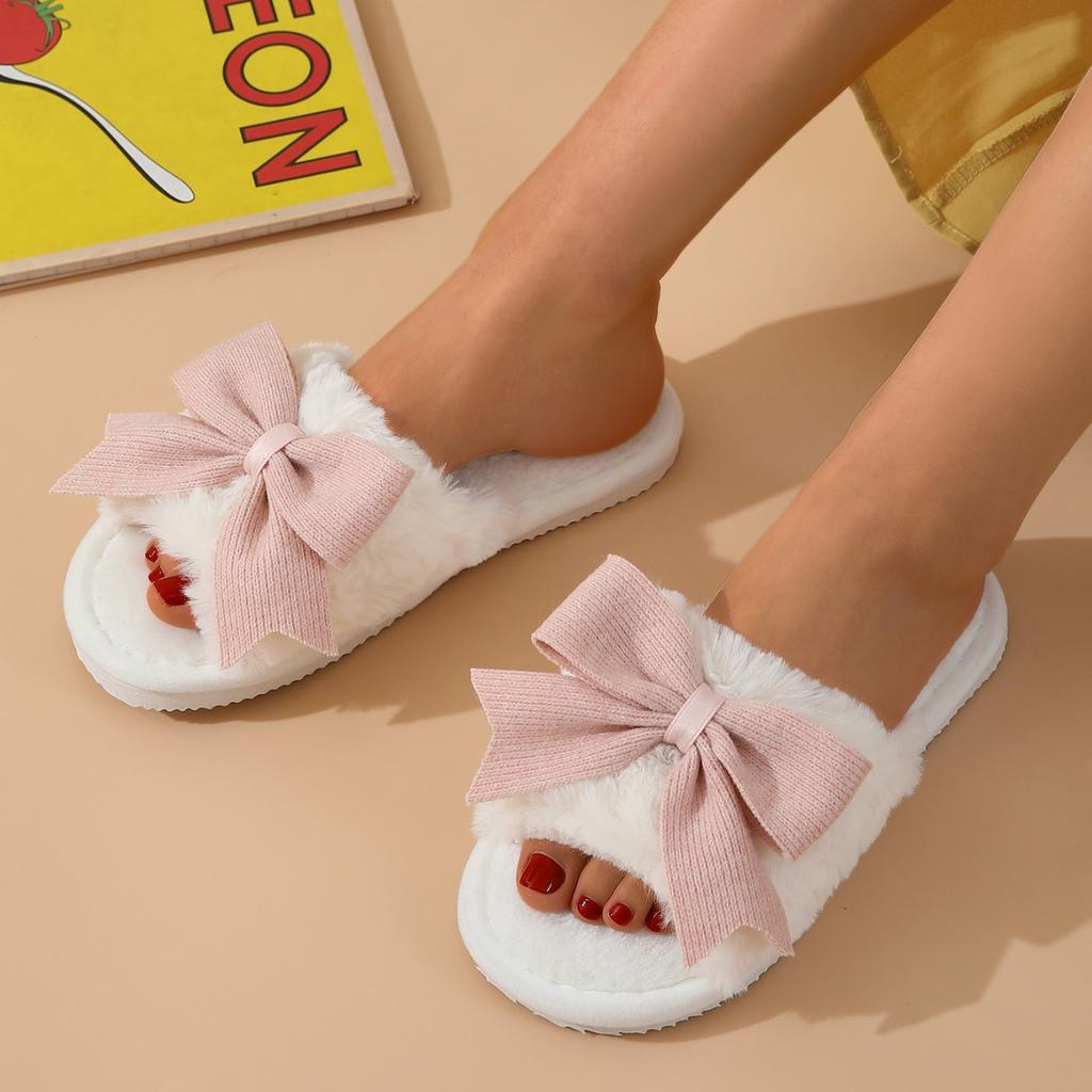 Cotton Slippers for Women, Winter Cute Bow Slippers, Indoor Home Warm Thick-soled Slippers, Anti-slip Toe Exposed Slippers