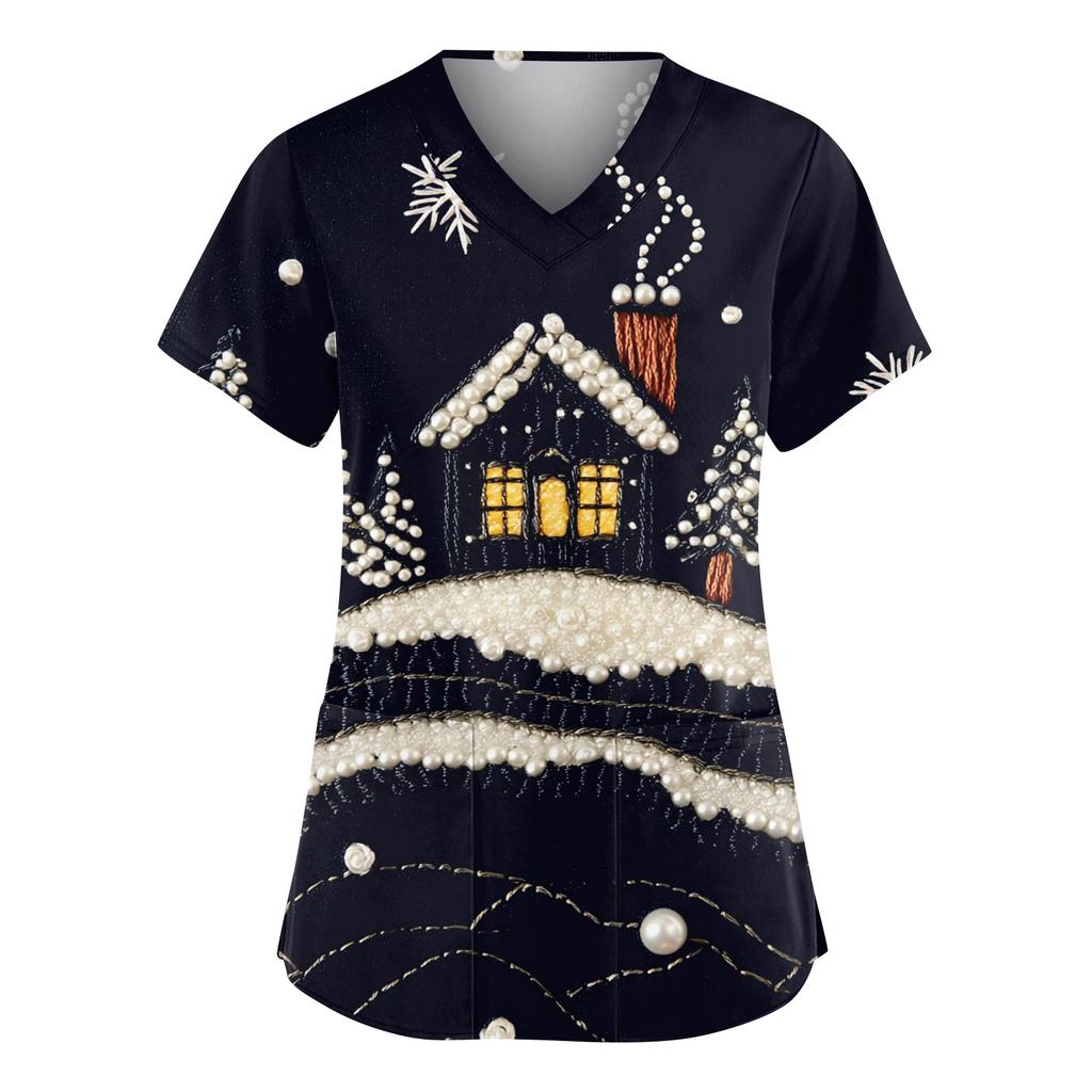 Женский модный рабочий топ с V-образным вырезом, рождественским принтом, короткими рукавами, карманом, боковым разрезом, базовый пуловер