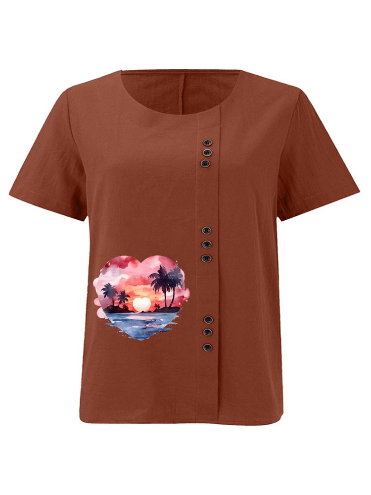 Women's Fashion Heart-shaped Scenery Printing Shot Sleeve T-shirt Loose Cotton Shirt Casual Loose Summer Blouse Tops Plus Size