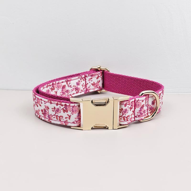 Personalized Elegant Cotton Floral Print Dog Collar And Leash Set Adjustable Pet Leads XS-XL Frenchie Teddy Bowtie Necklace