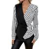 Women's Fall Color Block Striped Shirts Fashion Tie Waist Wrap V Neck Blouses Casual Long Sleeve Slim Fit Tops