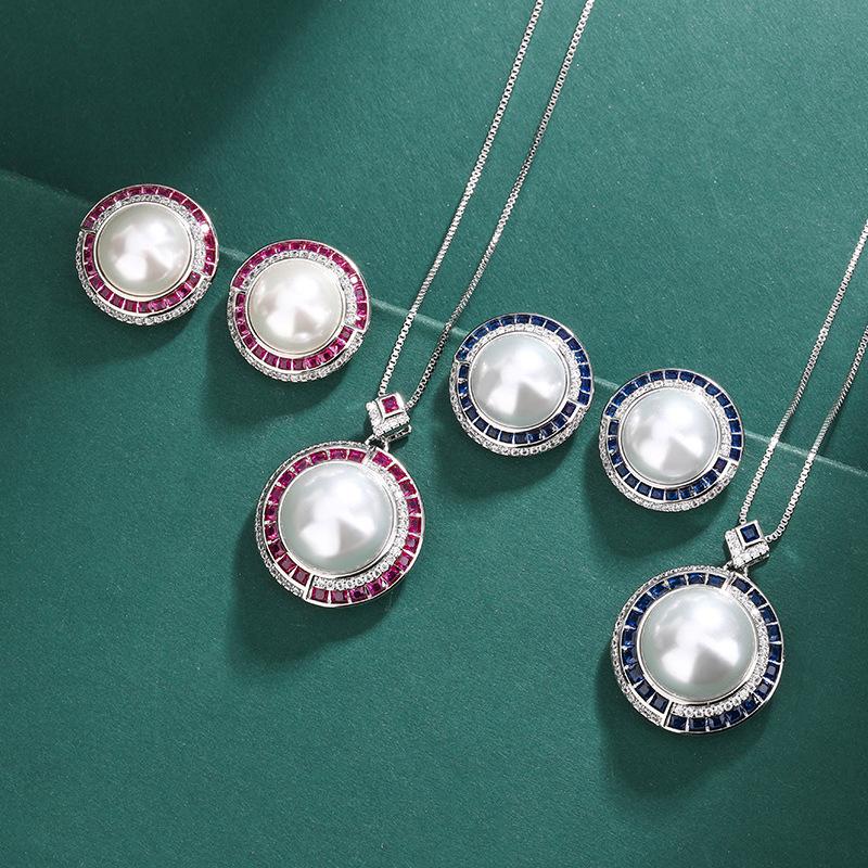 Jewelry Pearl Necklace with Diamond Colored Treasure S925 Pearl Stud Earrings Imitation Natural Pearl Collarbone Pendant